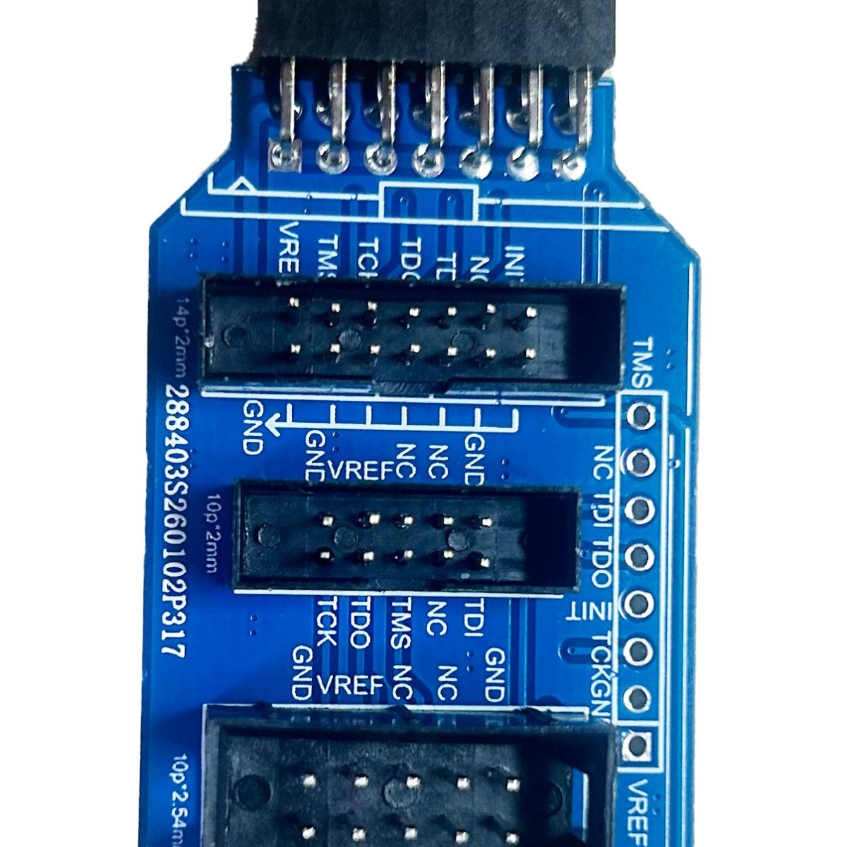 Blue adapter board with 14-pin 2 mm, 10-pin 2 mm and 10-pin 2.54 mm JTAG connectors