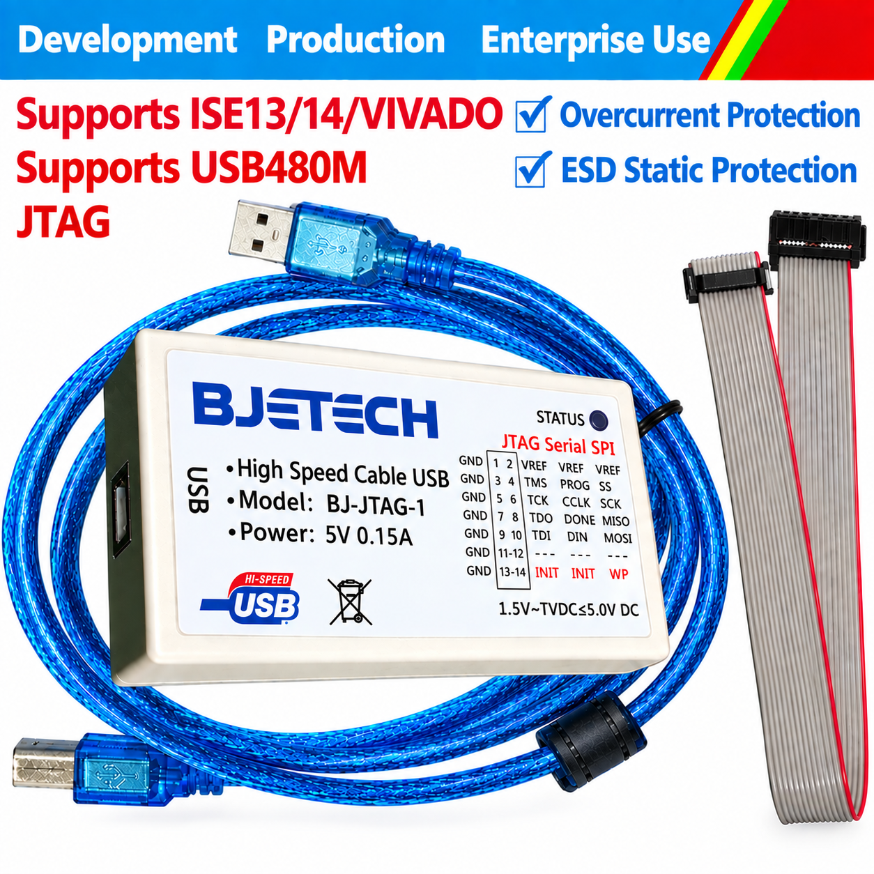 USB JTAG programmer shown with its ribbon cable and JTAG adapter board