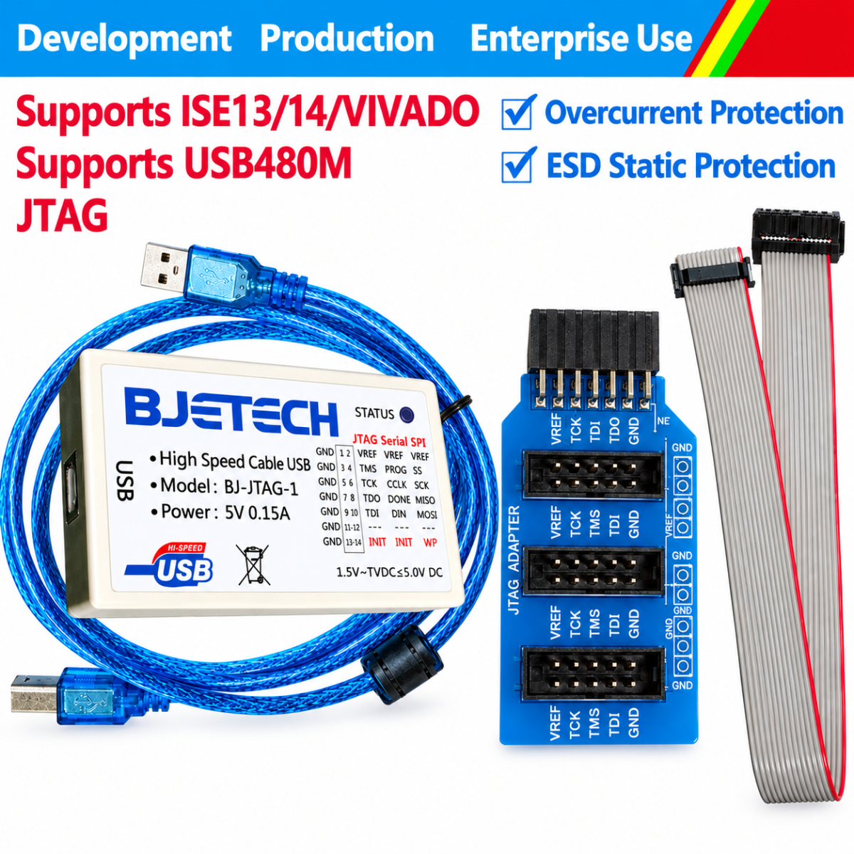 BJ-JTAG-1 USB JTAG programmer for Xilinx FPGAs, shown with its USB cable and multi-connector adapter board